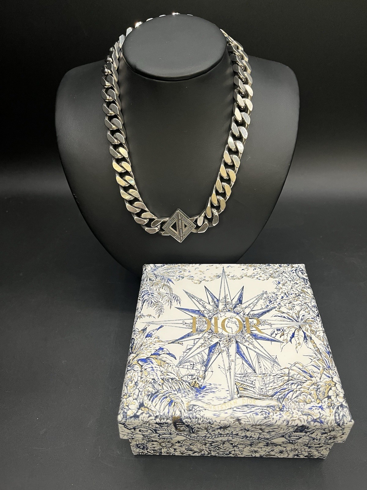 18” Christian Dior Chain Necklace Palladium Plated W Box & Pouch