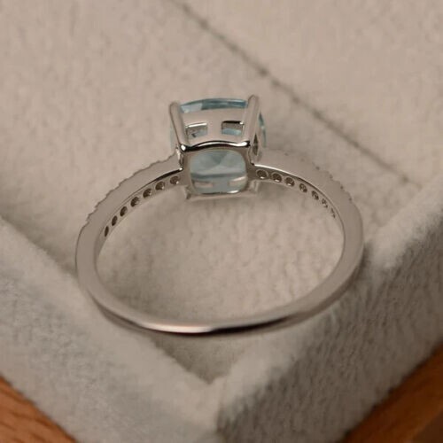 Silver Plated 2Ct Simulated Aquamarine Beautiful Dainty Ring Wife Valentine Gift