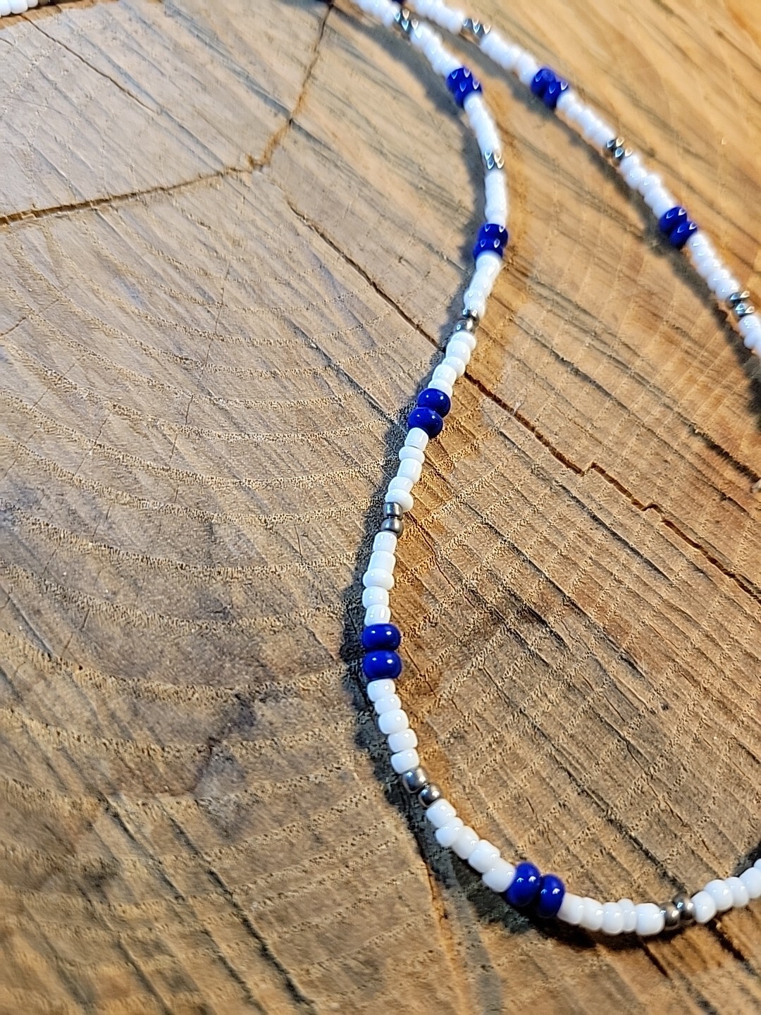 Royal Blue, White & Silver Surfer Summer Boho Beaded Necklace Choker Beach