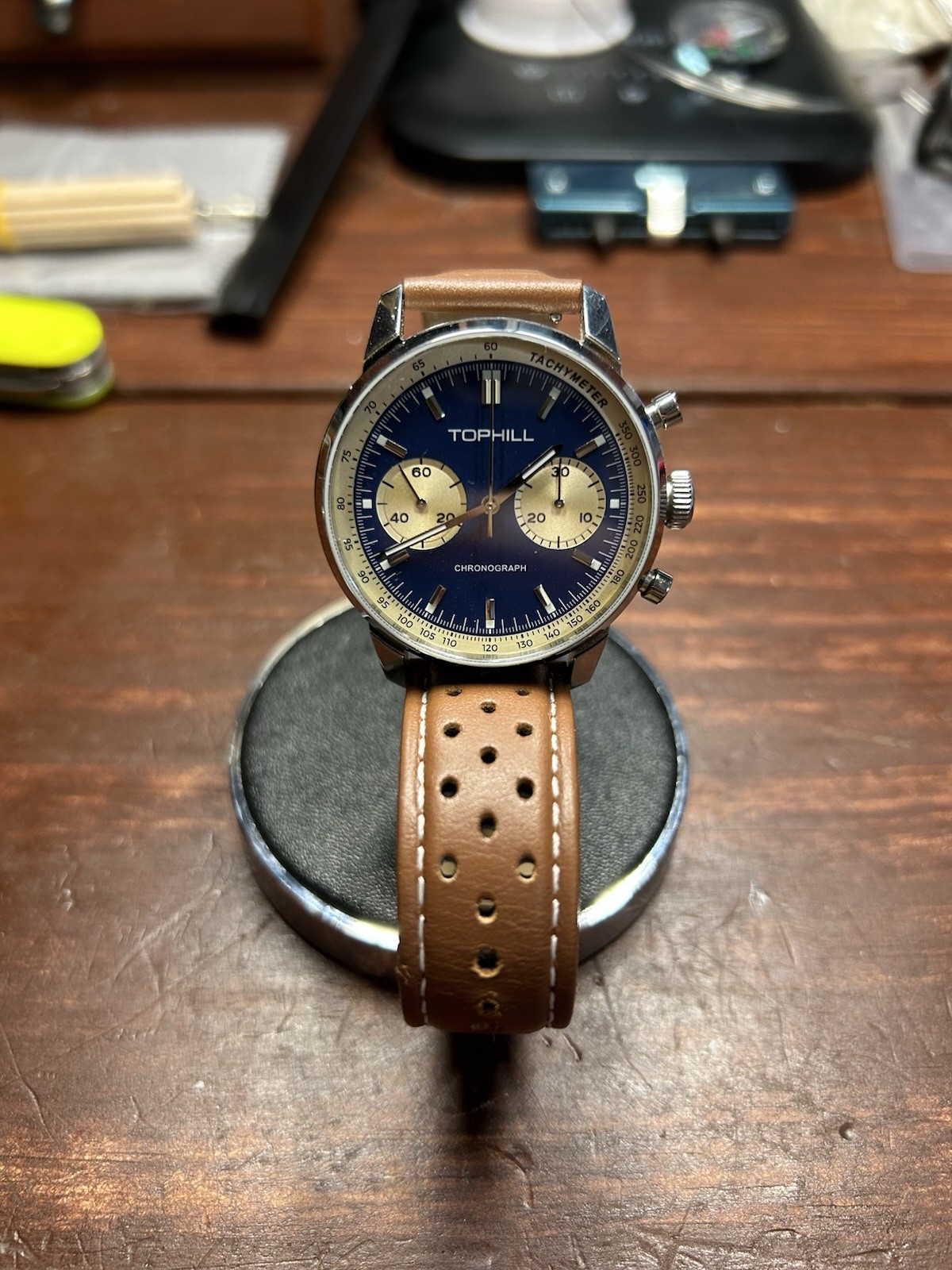 Tophill Mechanical Chronograph Retro Style, Sapphire Crystal, Open Caseback