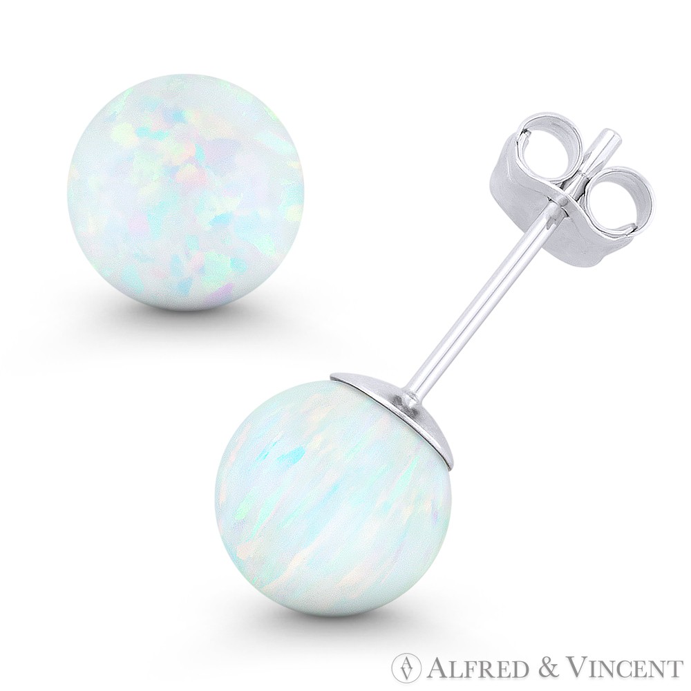 Fiery White Synthetic Opal Round Ball Pushback Stud Earrings in 14k White Gold