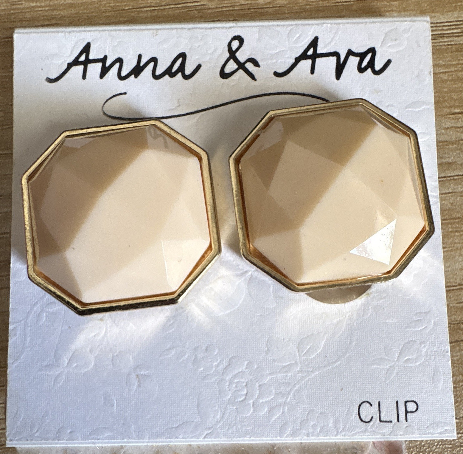 Anna & Ava Gold Tone Beige Octagon Clip-On Earrings No Stone Plastic 0 Gems
