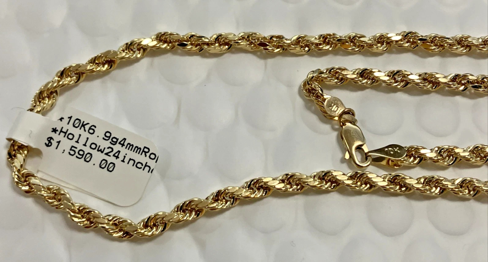 10kt Real Gold SemiSolid/Hollow Rope Necklace 6.9grams 4mm 24″ GND Brand NWT 10K
