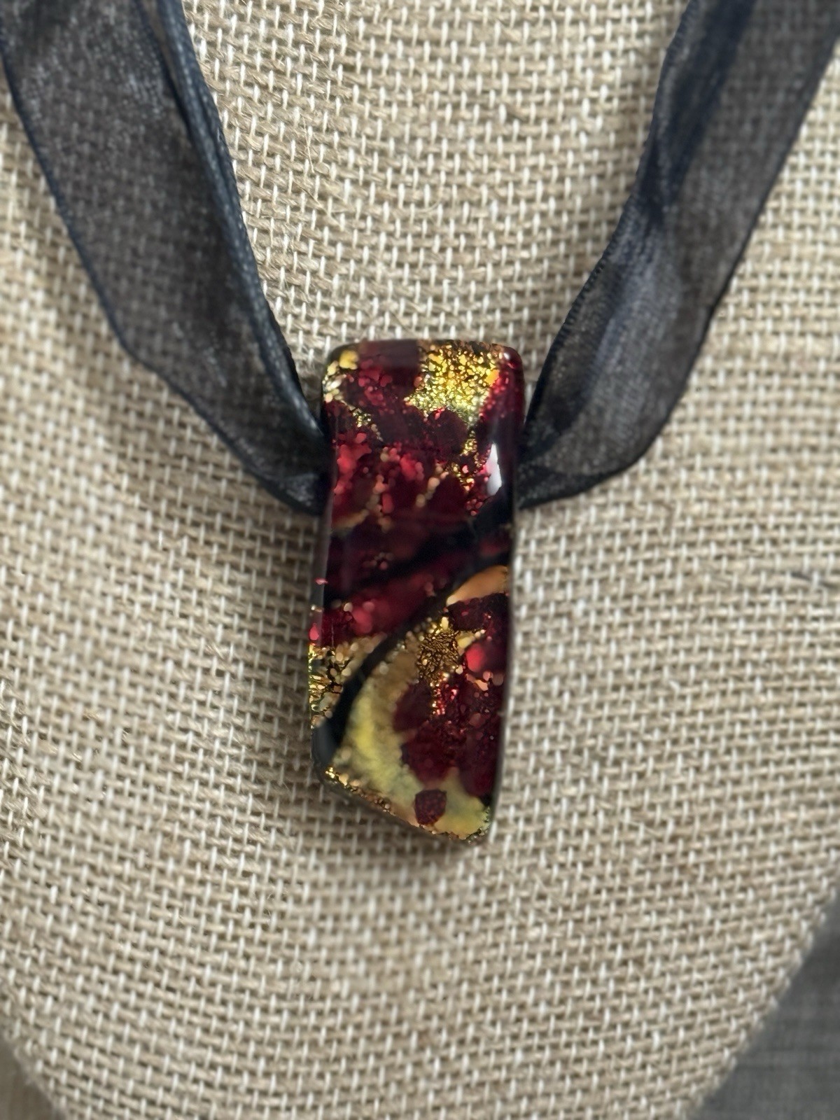 Dichroic Glass Slide Pendant Necklace Black Organza Ribbon Multi Strand Cord