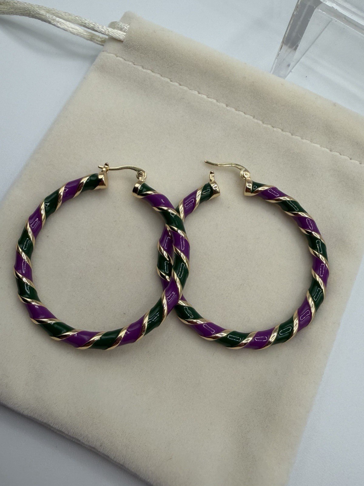 Green & Gold Twisted Hoop Earrings 1.5” Enamel Fashion Hoop Earrings E262