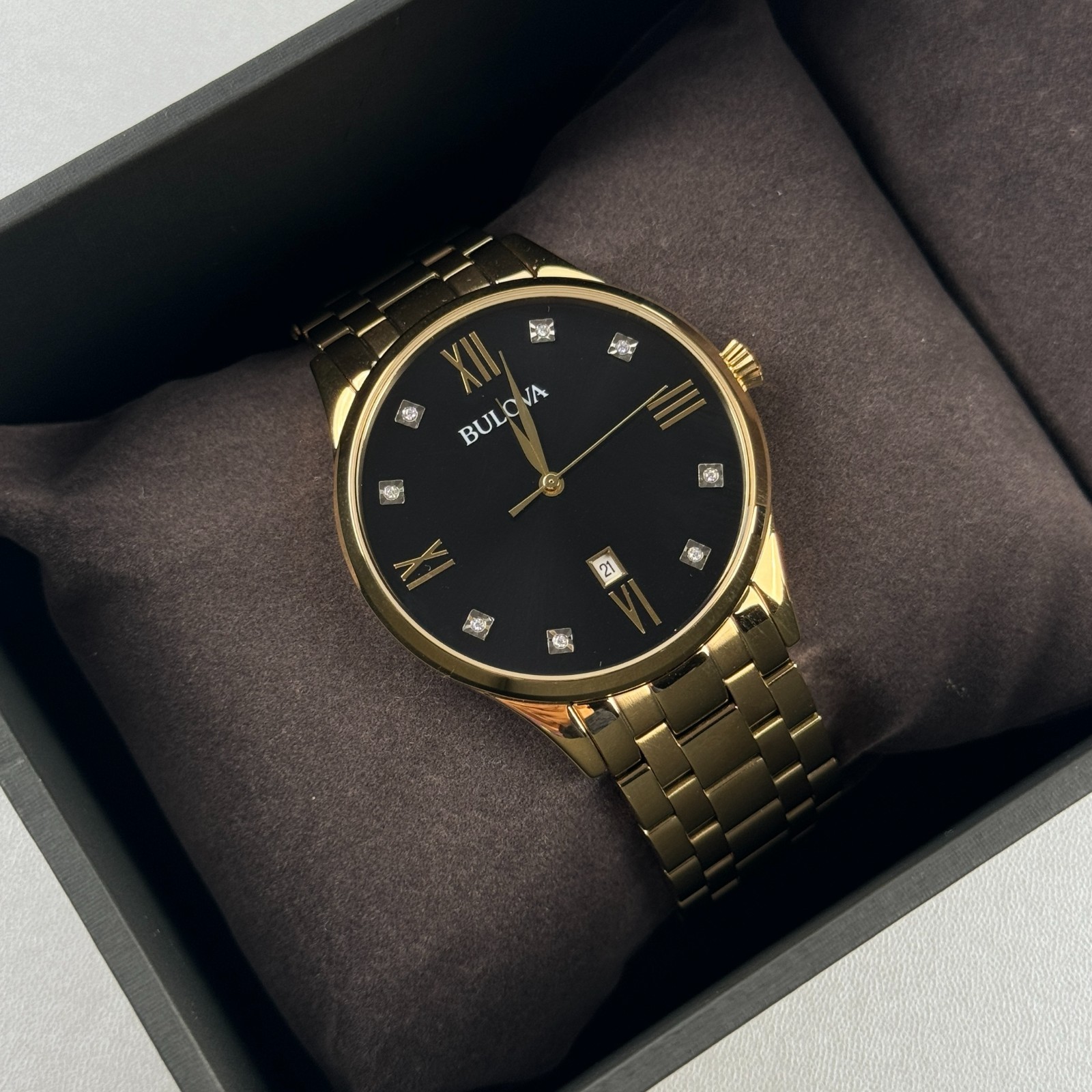 Bulova Classic 97D108 Black Diamond Dial Gold-Tone Bracelet Men’s Quartz Watch