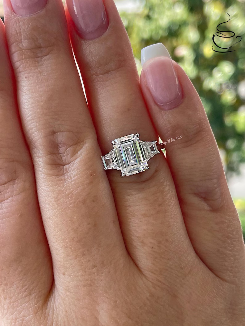 3ct Emerald Cut CZ Three Stone Engagement Ring, Silver 925