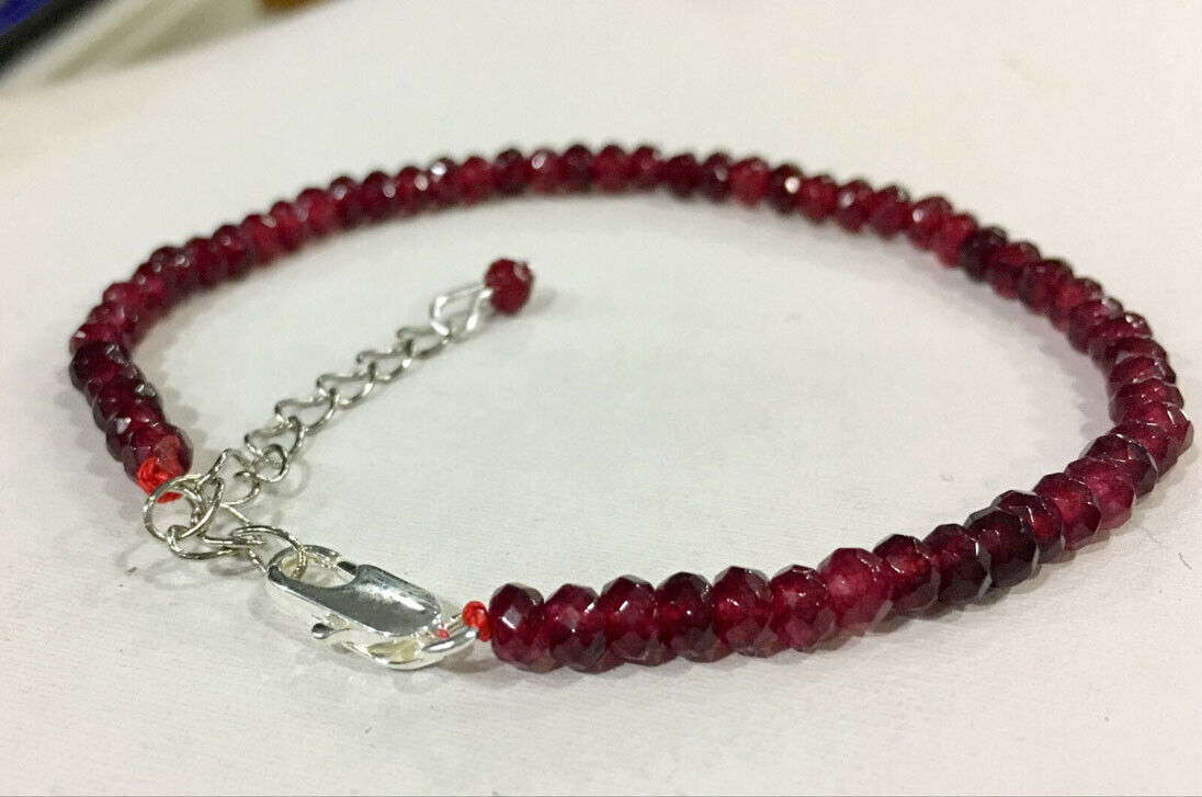 New 2x4mm Faceted Red Jade Rondelle Gemstone Beads Bracelet 7.5” Silver Clasp
