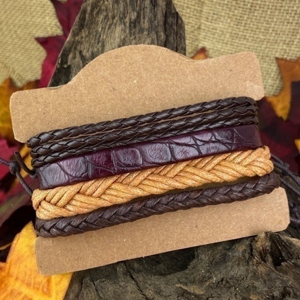 Mens Bracelets Bundle 4 Piece Adjustable Size Faux Leather and Hemp Bracelets