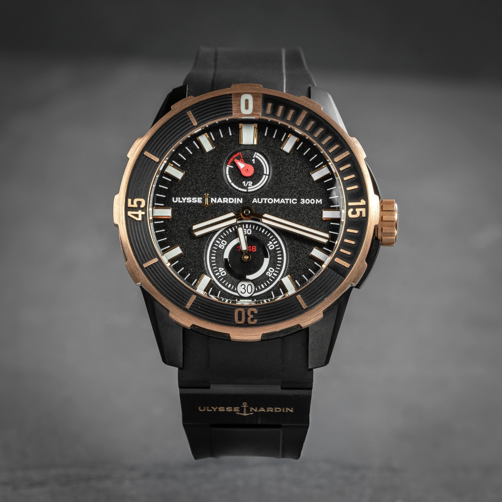 UN Diver 18k Rose Gold and PVD Titanium 300m, Complete Set Excellent Condition