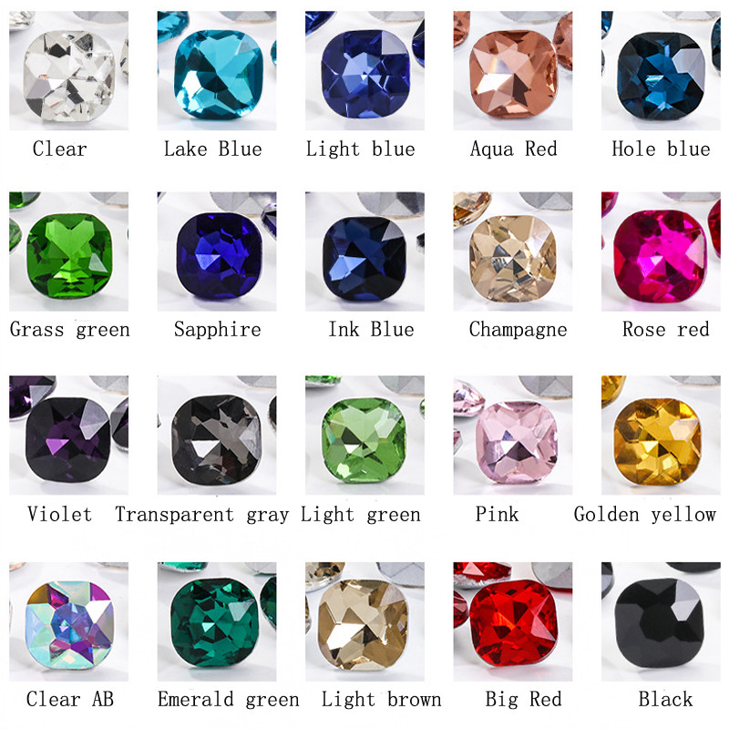 100pcs Glass Crystal Rhinestone Color Fat square Withcford Strass Jewels stones