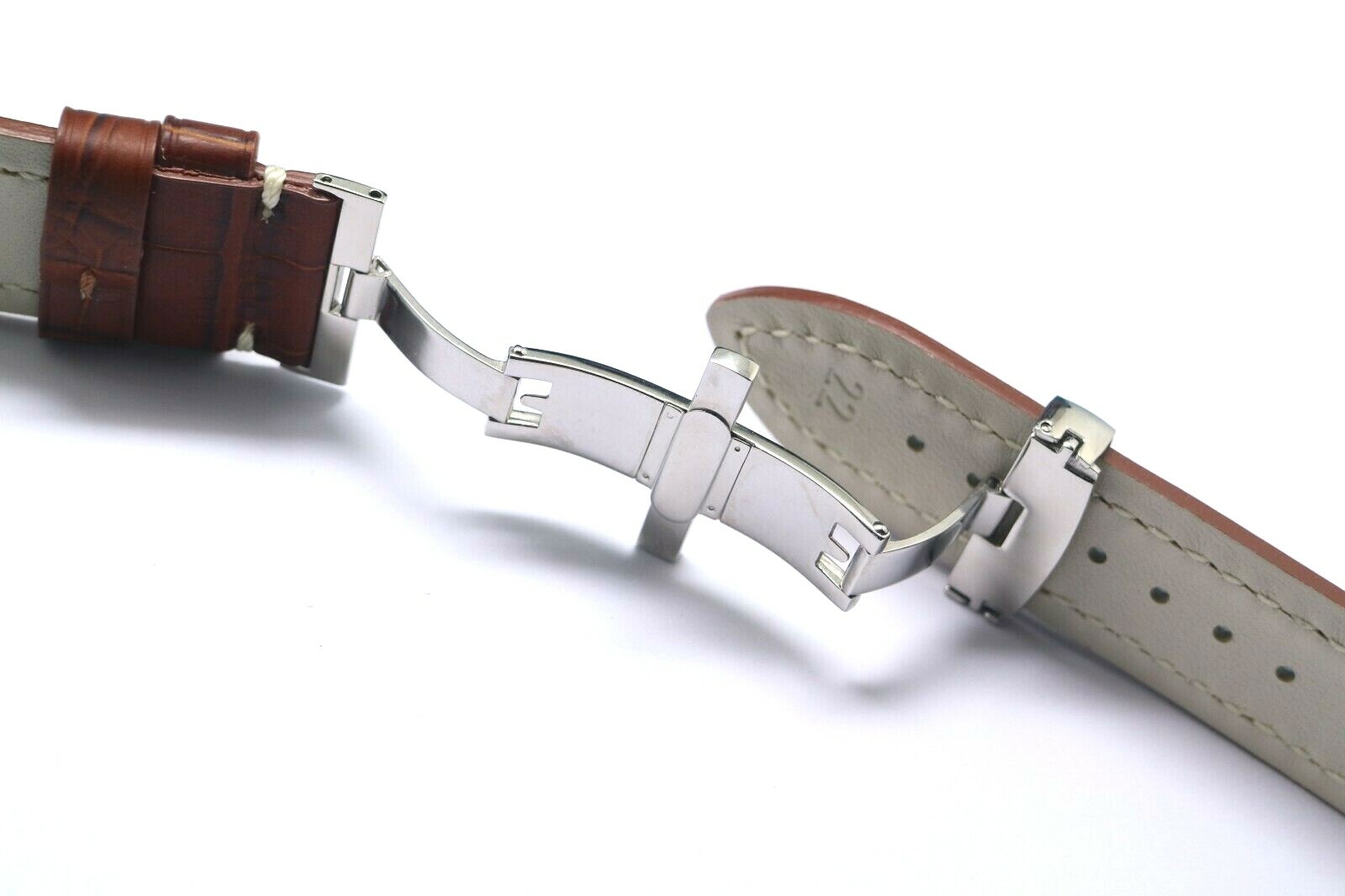 22mm Brown Leather Contrast Stitch Croco Watch Strap W/ Silver Push Button Clasp