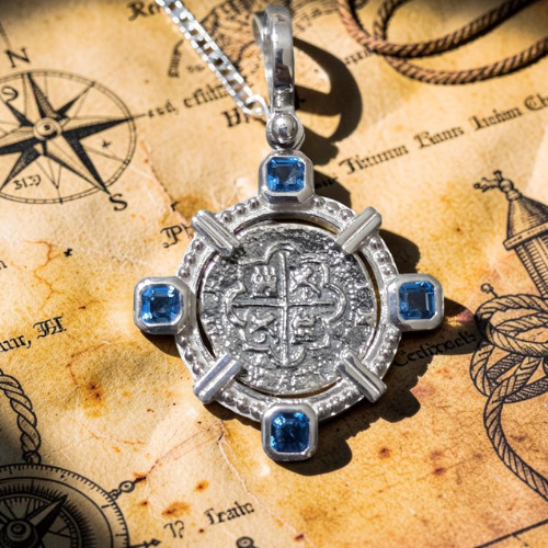 Atocha Silver Coin Pendant Blue Topaz Bezel Sterling Shipwreck Certificate