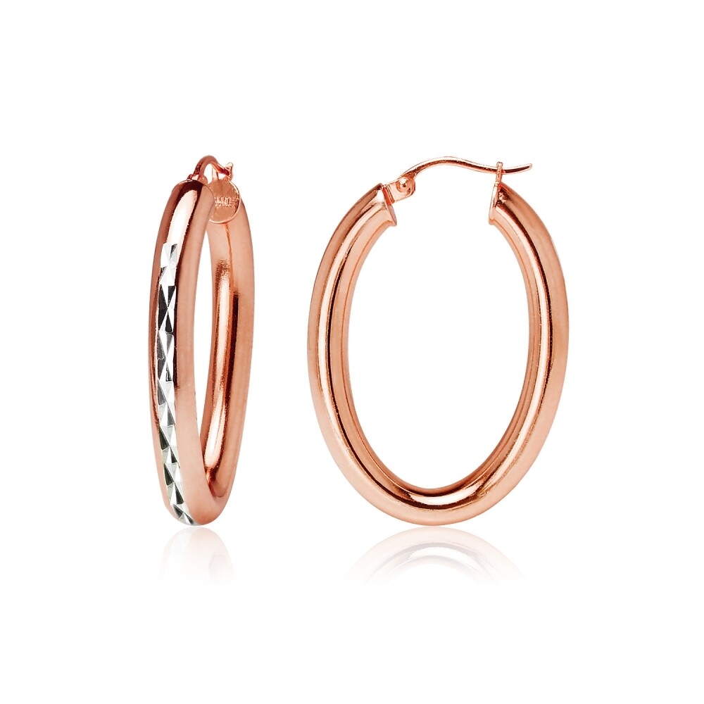 Rose Gold Flashed 925 Silver Two Tone 4mm Oval Diamond-Cut Hoop Earrings, 25mm
