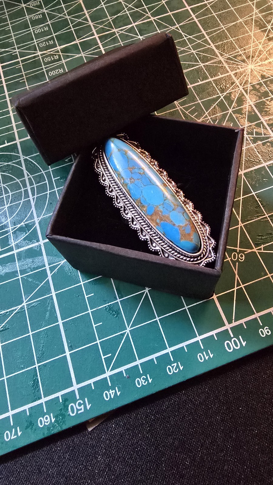 Turquoise Accent Inspired Boho Ring Size 8 includes box 2″ long zinc alloy