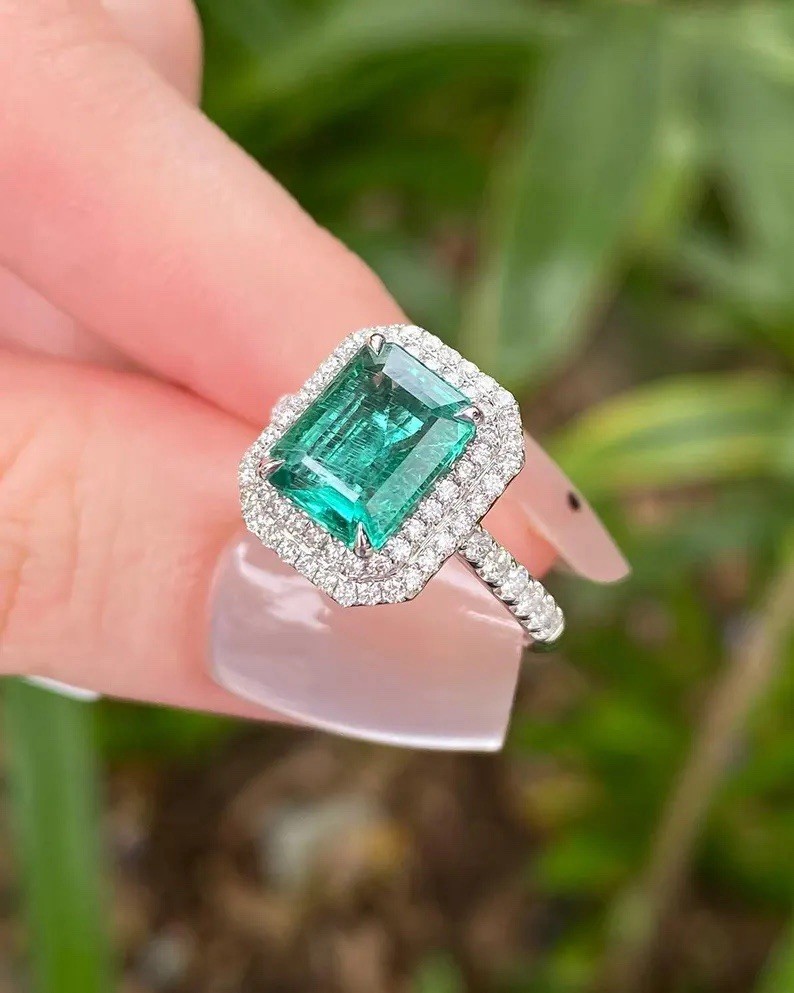 2 Ct Lab-Created Colombian Emerald Cut Double Halo Engagement Ring 935 Silver