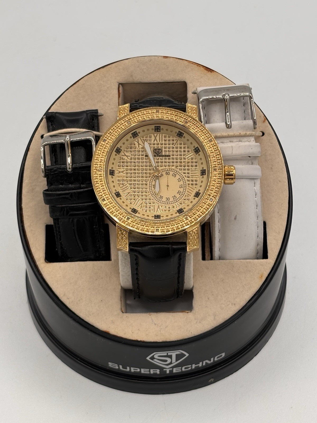 NEW Super Techno Mens Watch I-5371 Gold Tone Diamond .12 CT READ NOTES