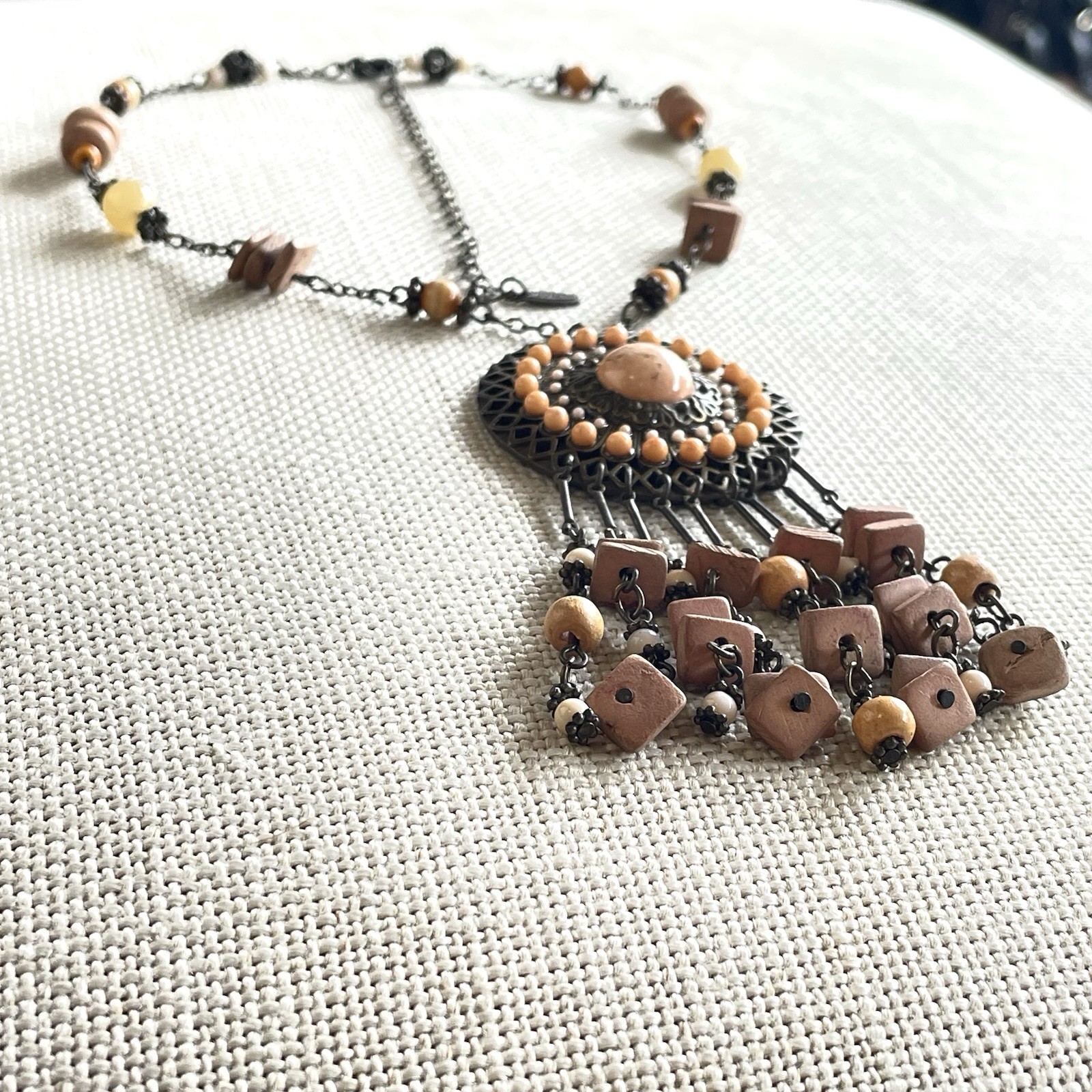 VTG VCLM Signed Boho Statement Medallion Necklace Peach Wood Bead Fringe Fringe