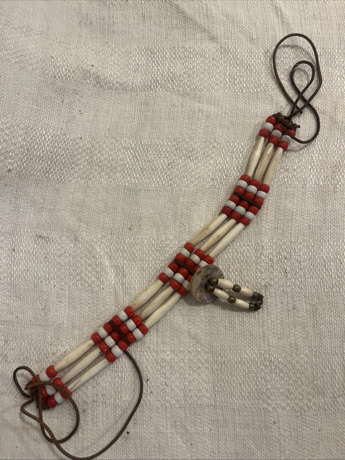 Vintage Native American Bone ?Abalone Leather Choker Necklace mother of pearl