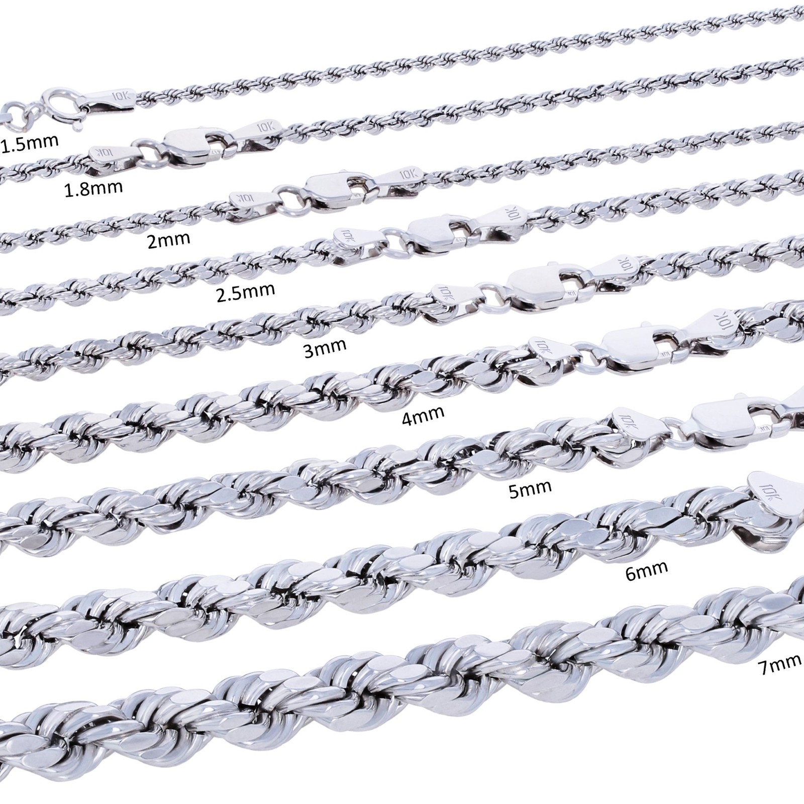 10K White Gold 2mm-5mm Diamond Cut Rope Chain Bracelet Mens Womens 7″ 8″ 9″