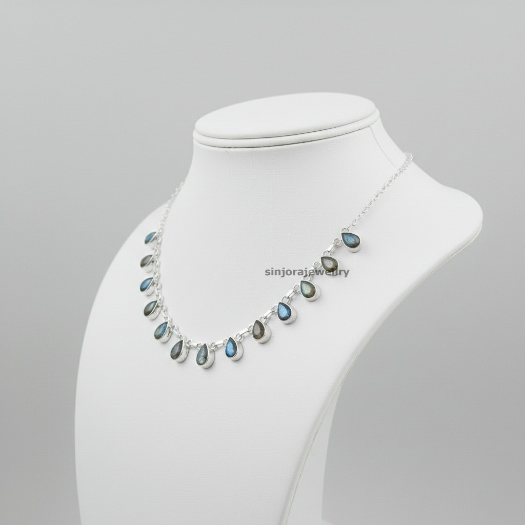 Natural Labradorite Gemstone 925 Sterling Silver Handmade Gift Necklace 18″