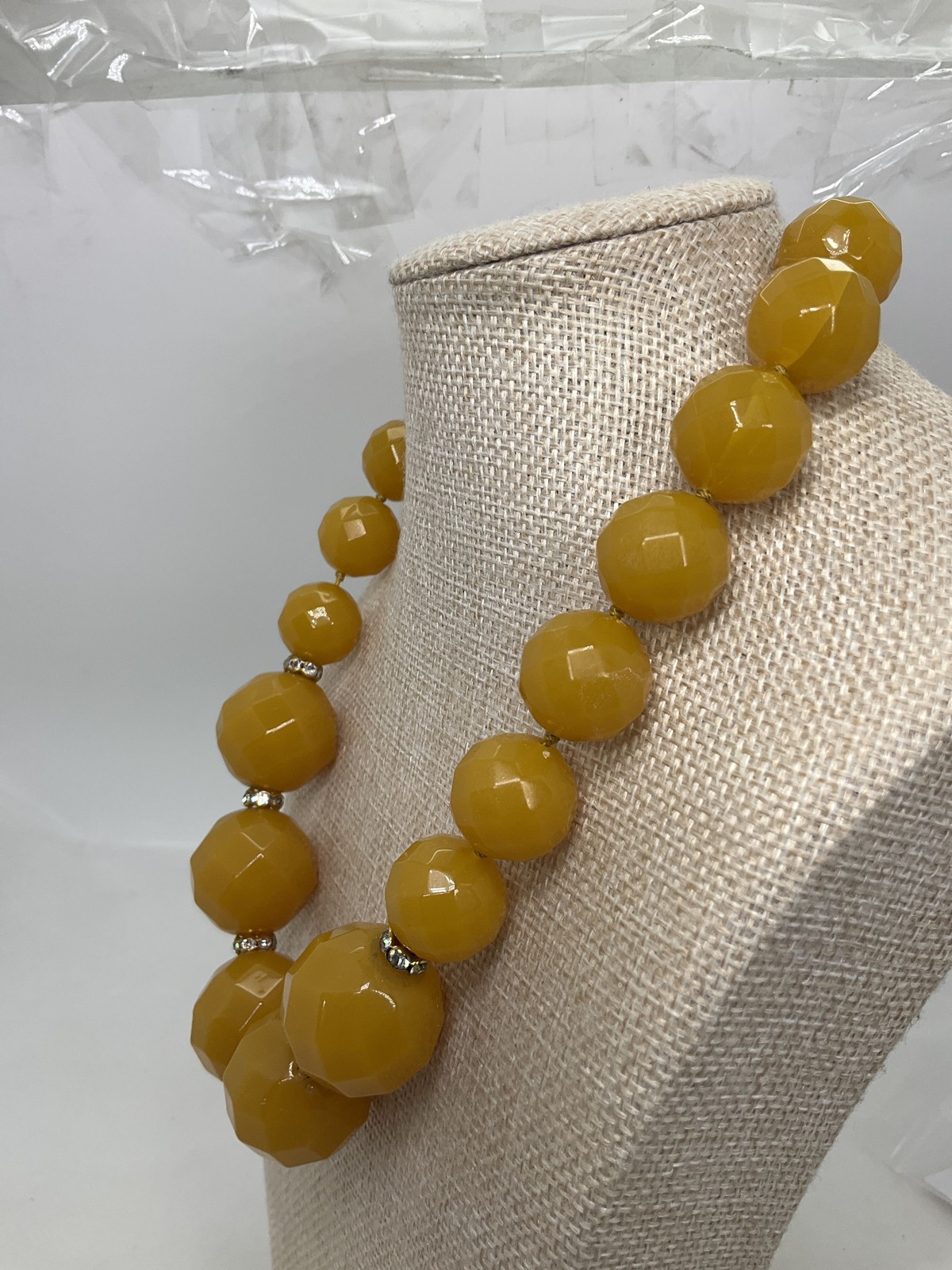 J. Crew Mustard Yellow Faceted Bead Statement Necklace Gold Tone Rhinestone