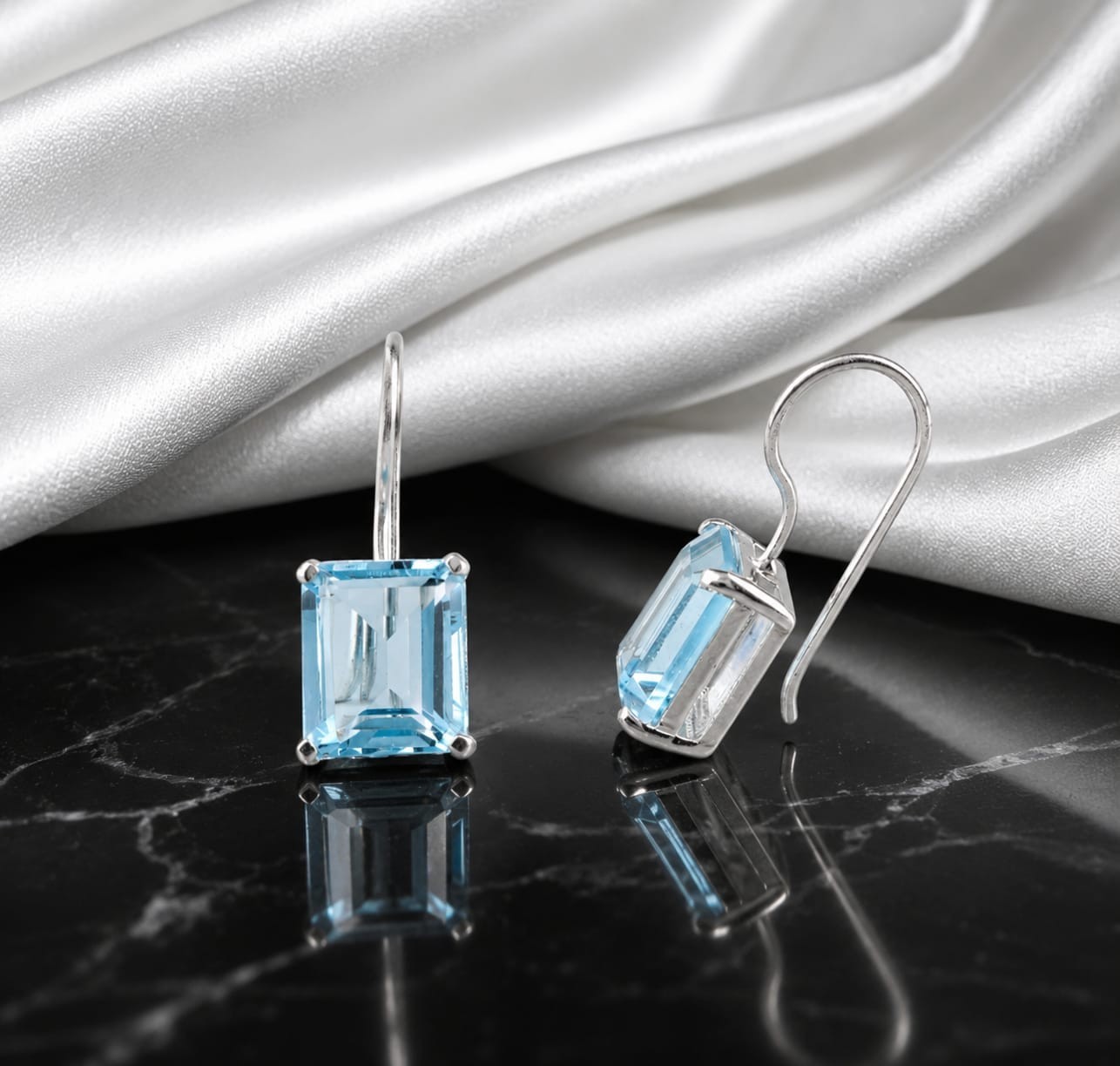 Sky Blue Topaz Rectangle Gemstone 925 Sterling Silver Handmade Earring Gift For