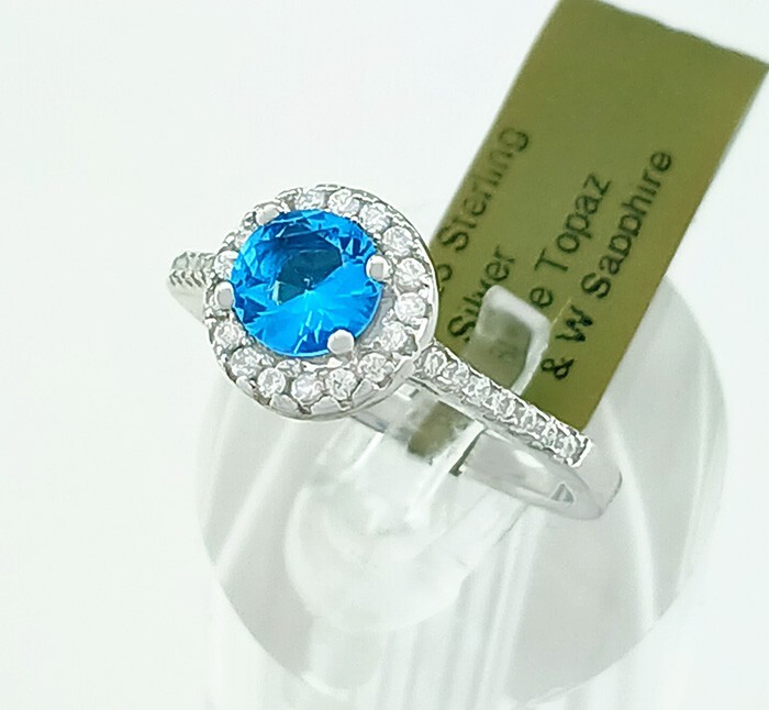 LAB CREATED 1.08 Cts BLUE TOPAZ & WHITE SAPPHIRE RING 925 STERLING SILVER
