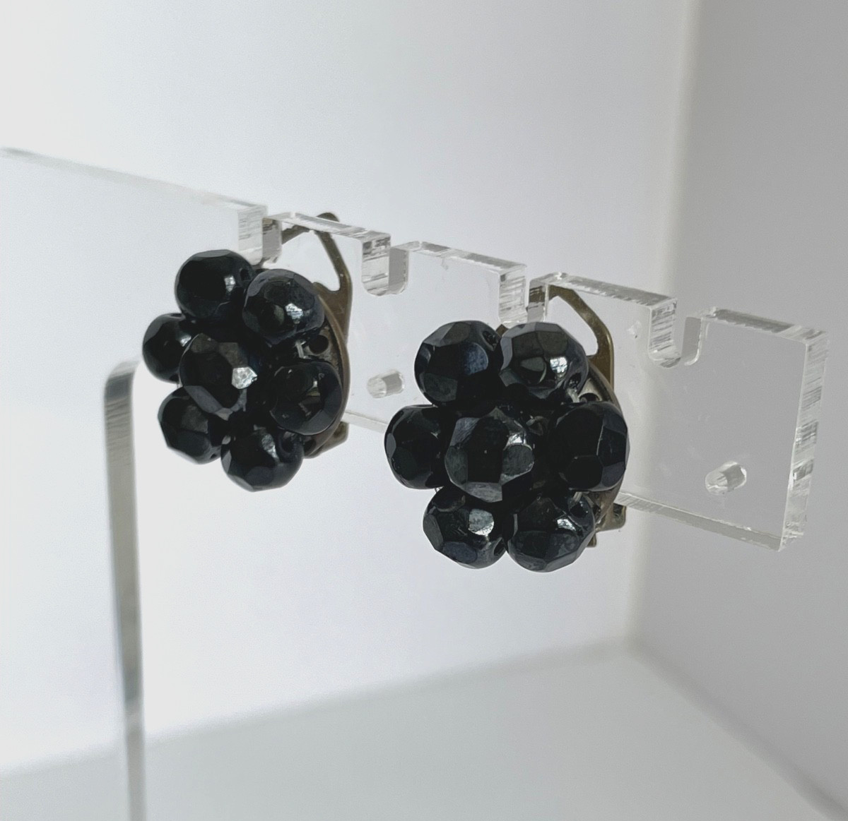 Vintage Jet Black Faceted Cluster Bead Clip Earrings Made in Italy