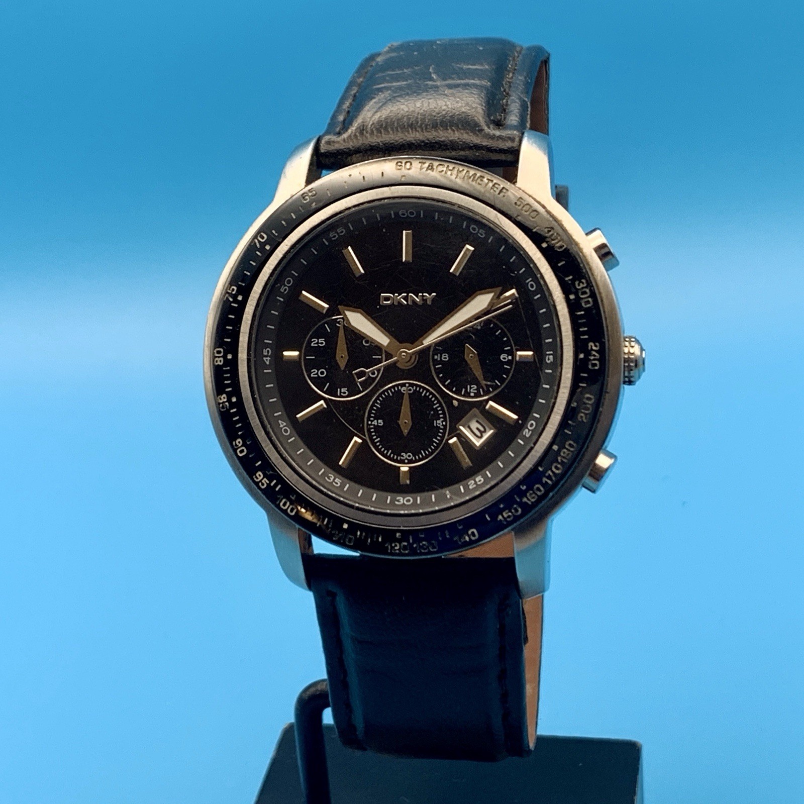 DKNY NY-1478 Men’s Chrono Wristwatch Date St Steel Leather Band Working New Batt