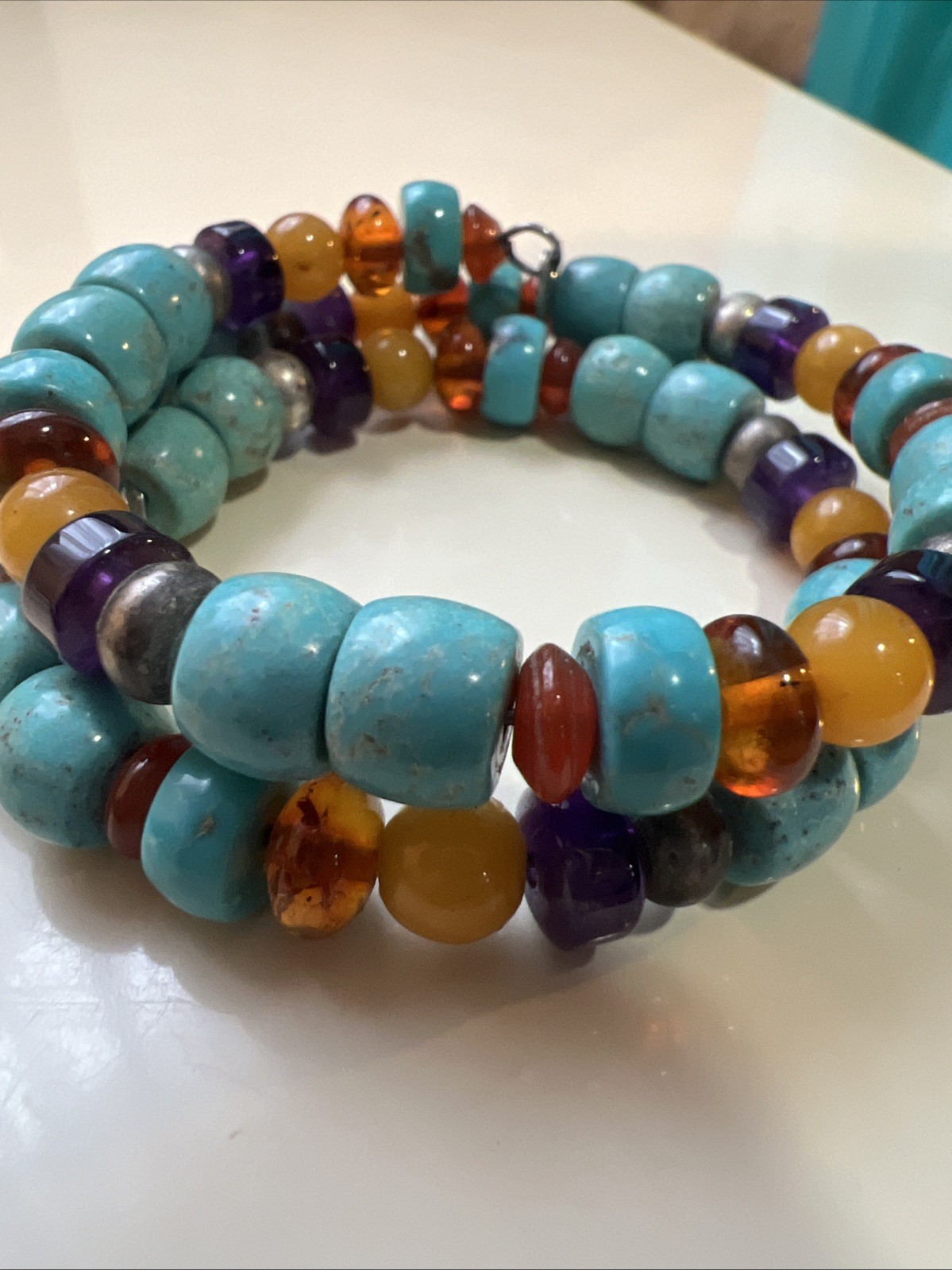 Vtg Mine Finds Jay King Sterling Silver Amber Turquoise Amethyst Memory Bracelet