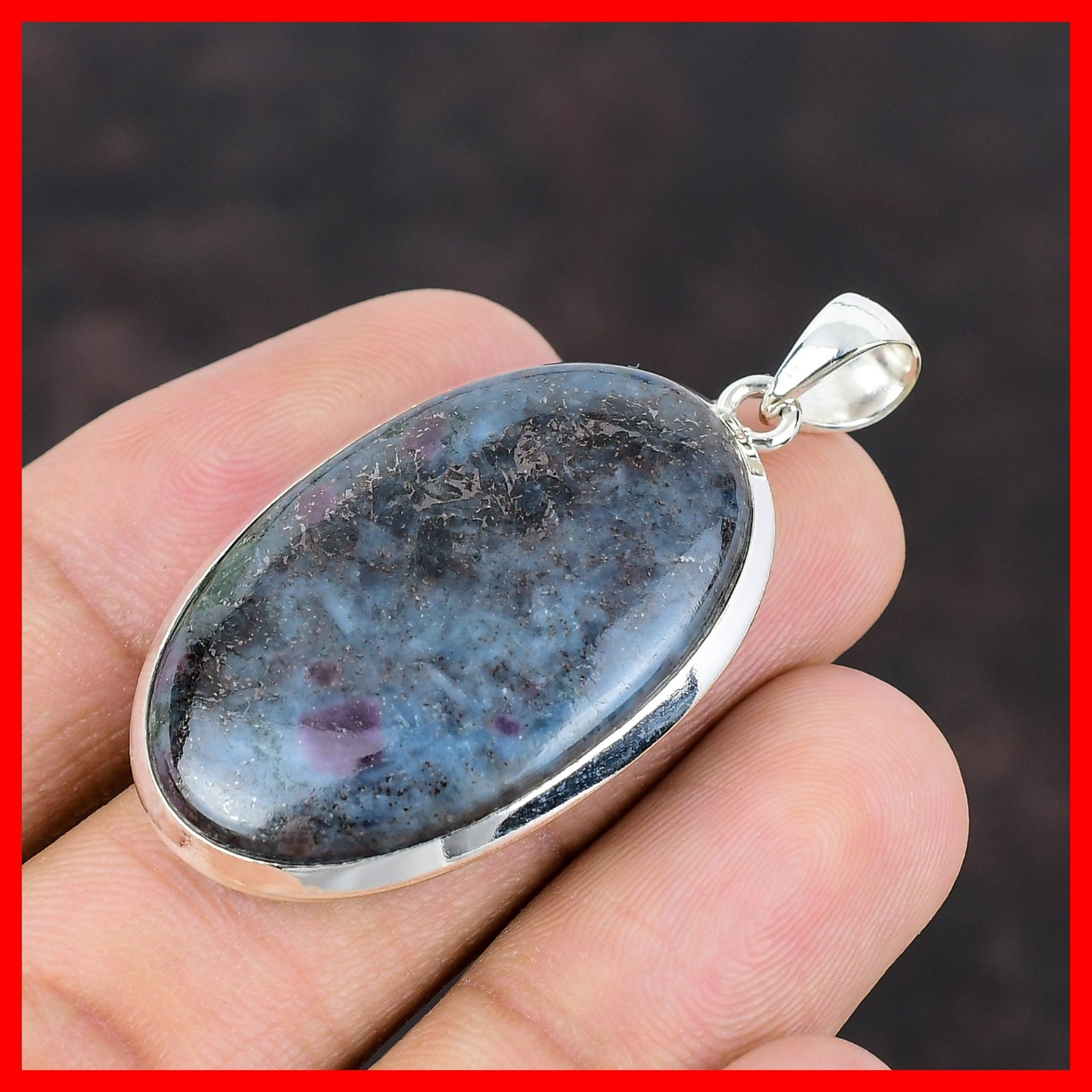 Oval Natural Ruby In Blue Kyanite Handcrafted Ethnic Pendant 925 Sterling Silver