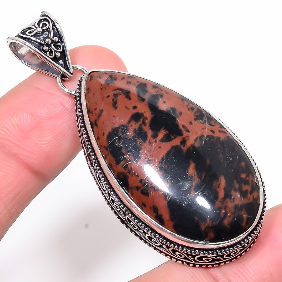 Natural Mahogany Obsidian Vintage Style 925 Silver Plated Pendant 2.36″ T46