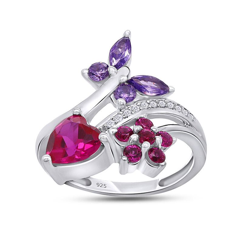 Butterfly & Flower Heart Promise Ring Multi-Gemstone 925 Sterling Silver