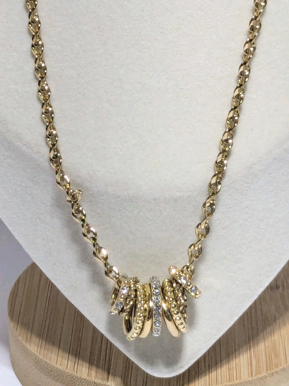 Charter Club Gold Tone Necklace With Textured & Pave Rhinestone Ring Charms 17″