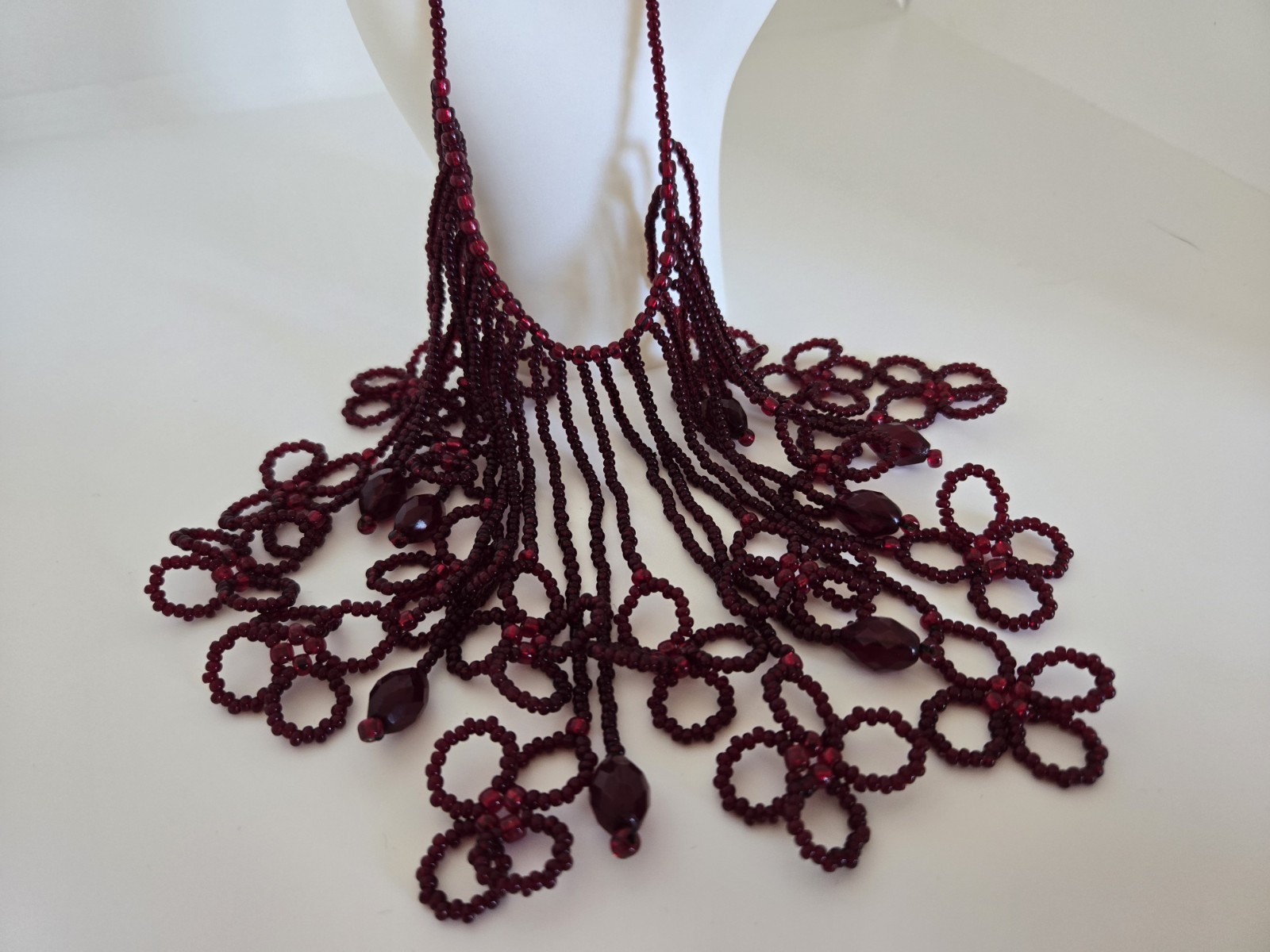 Artisan Hand Beaded Red Seed Bead Waterfall Fringe Flowers Statement Necklace