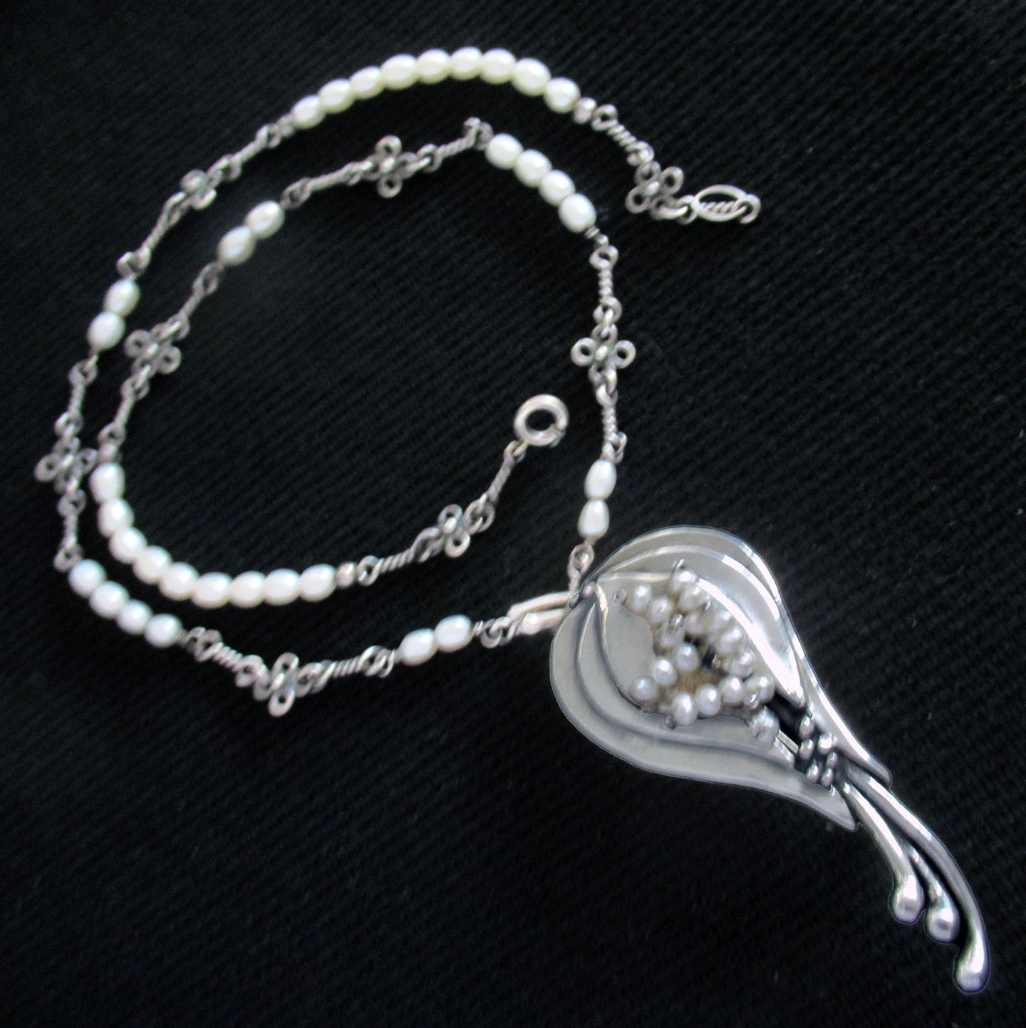 HANDMADE LARGE STERLING NECKLACE PENDANT BROOCH w PEARLS, 2 3/4 INCHES, 34 GRAMS