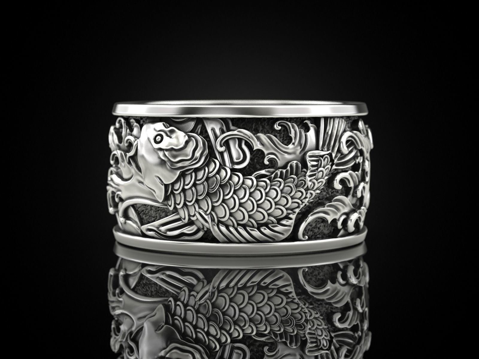 Oxidized Mens Two Japanese Carp & Waves Gothic 925Sterling Silver Statement Ring