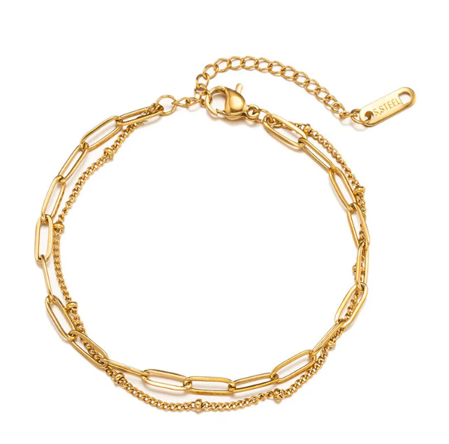 Double Layered Bracelet Stainless Steel Paperclip And Bead Chain Link Trendy