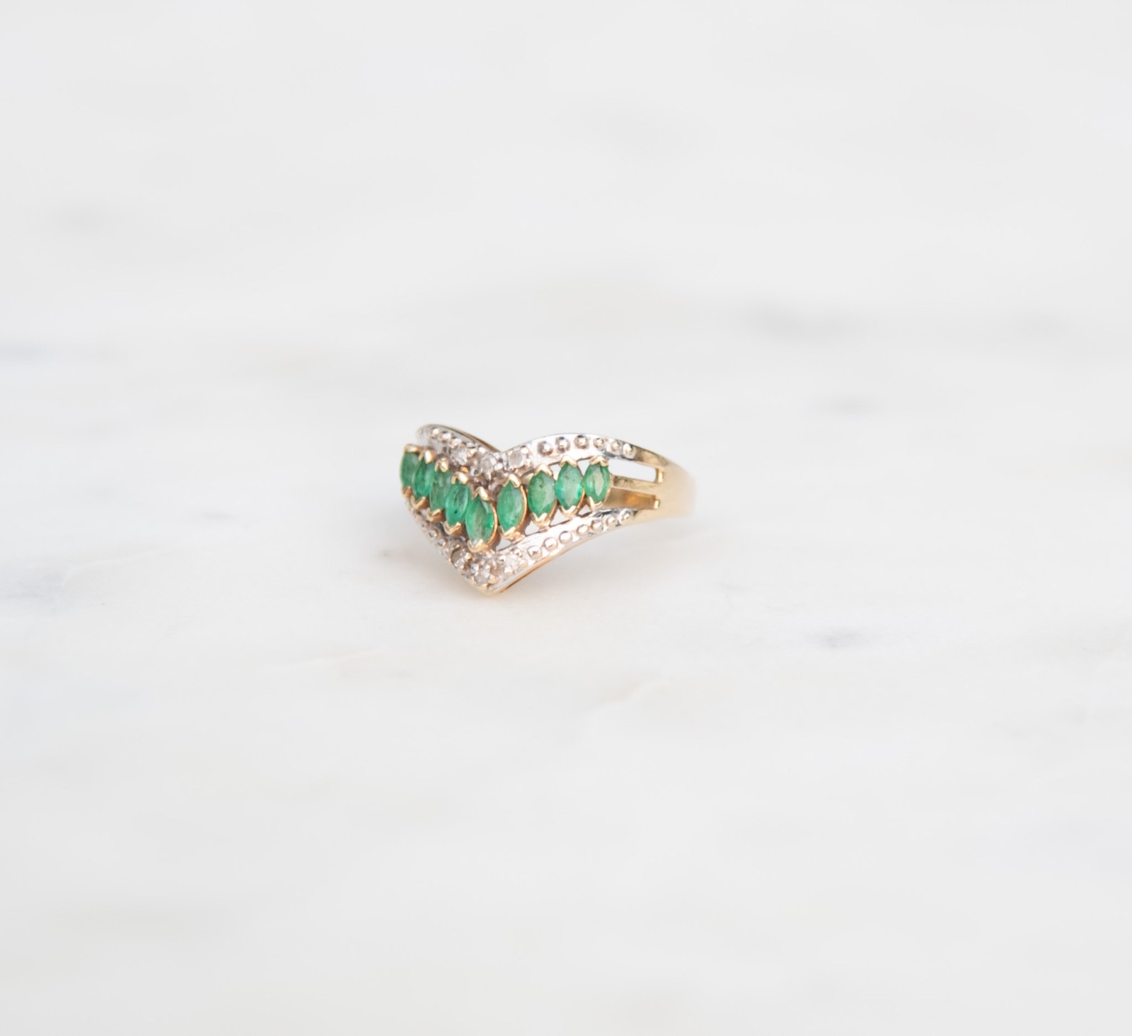 10K Two-Toned Emerald and Diamond Wishbone Ring