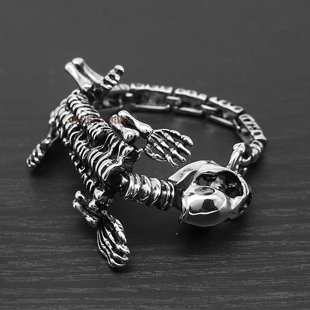 Mens Boys Punk Huge Heavy Dinosaur T Rex Skeleton Skull Stainless Steel Bracelet