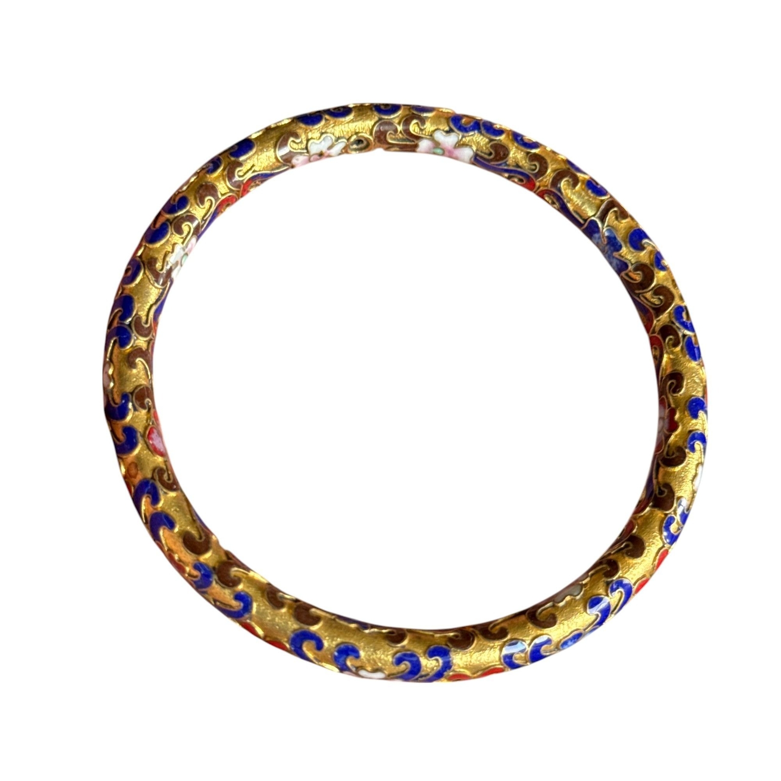 Vintage Cloisonné Enamel Bangle Bracelet Gold-Tone With Blue & Red Swirl Pattern