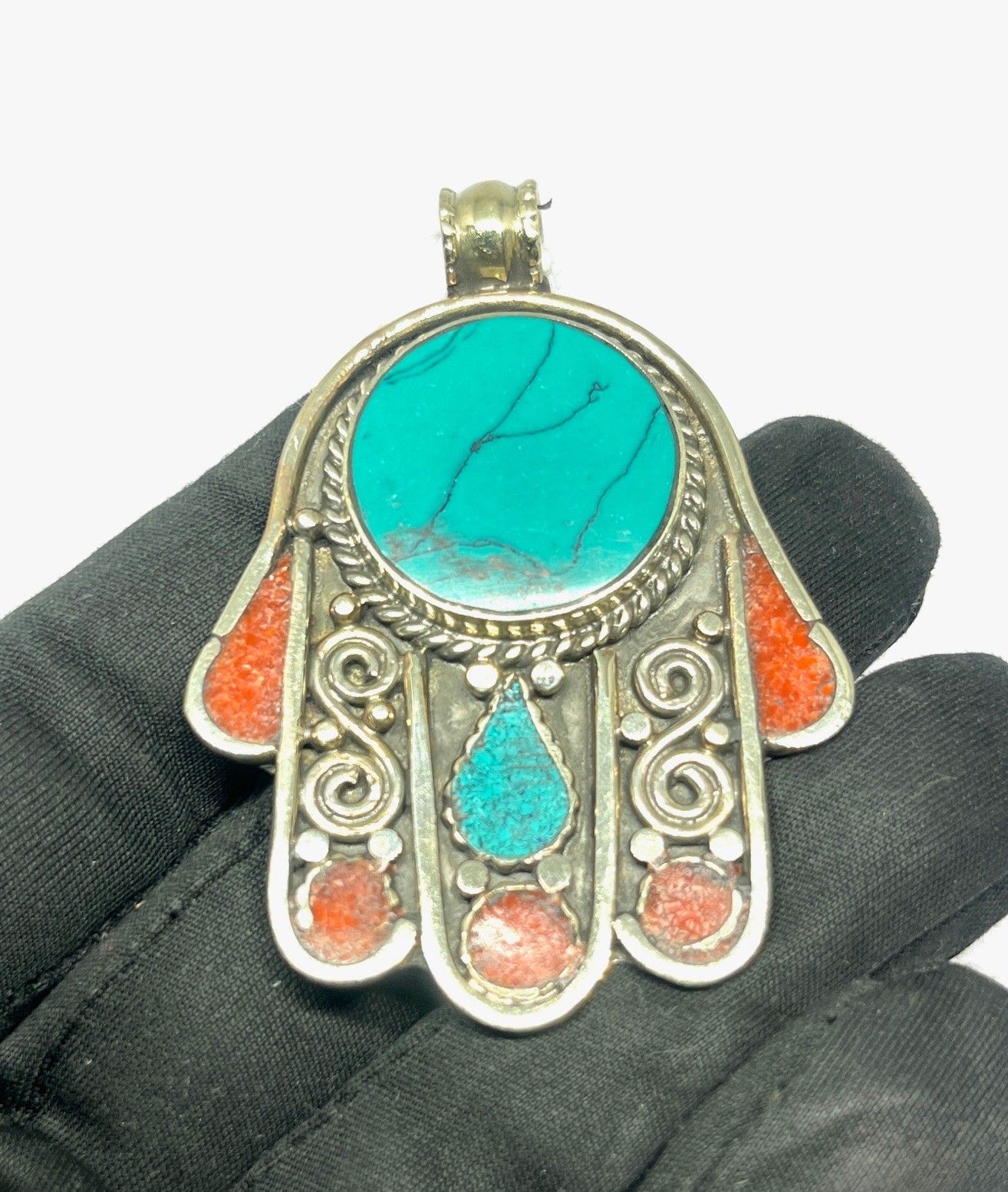 Vintage Turquoise Coral Gemstone Tibetan Buddhist Pendant Jewelry, 2.5 inch