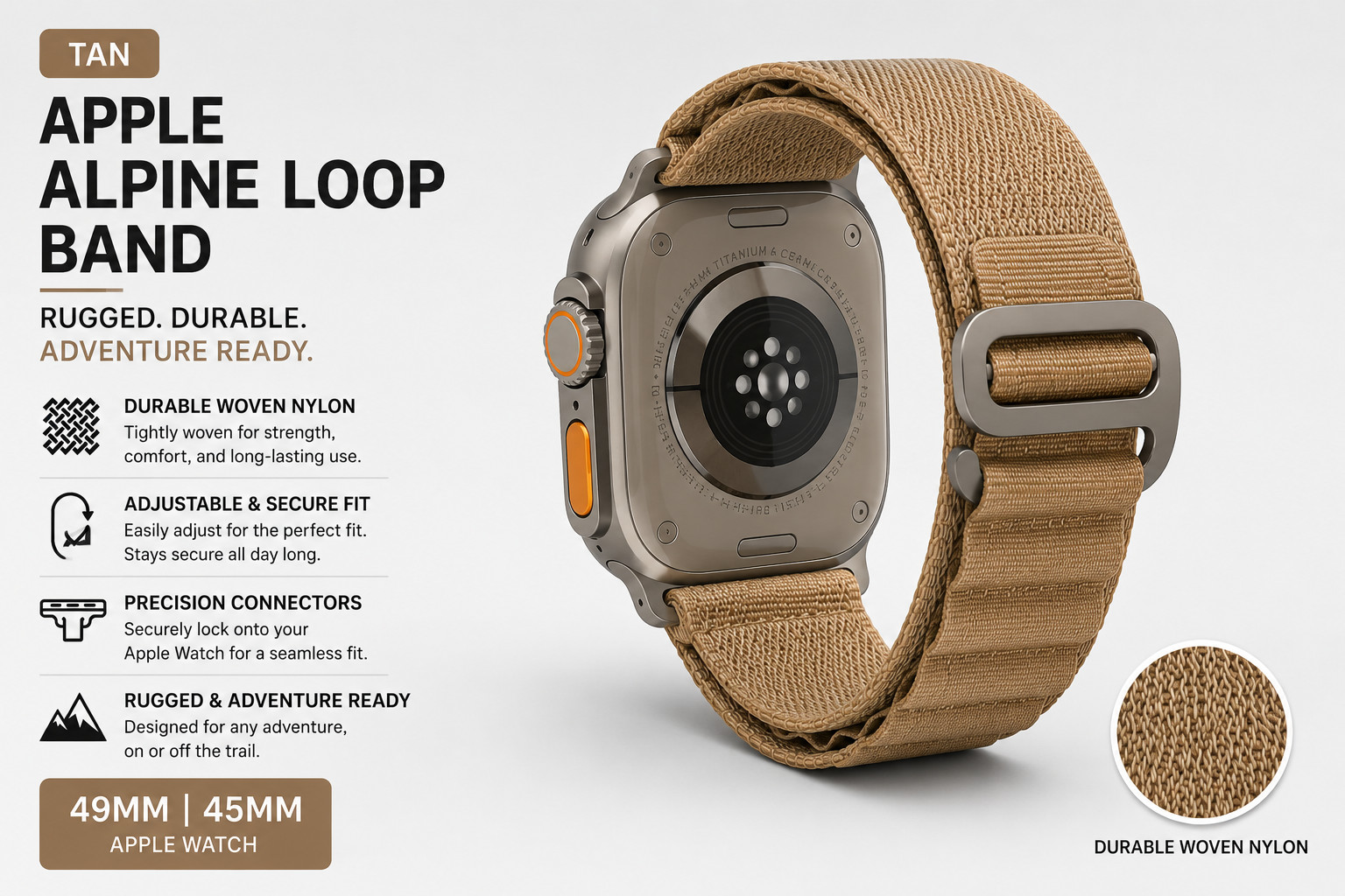 Genuine Apple Watch Band 49mm 45mm Medium Alpine Loop TAN With Titanium Finish