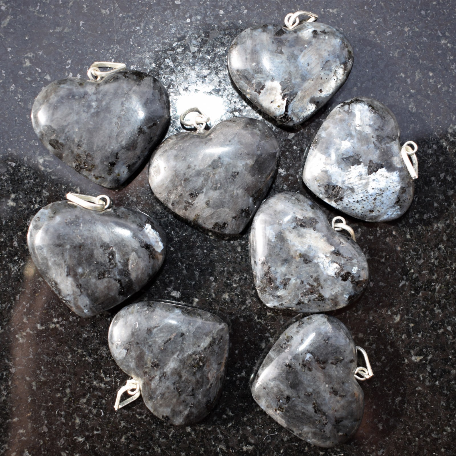 Charged Titanium Flash LARVIKITE Heart Pendant + 20″ Stainless Steel Chain