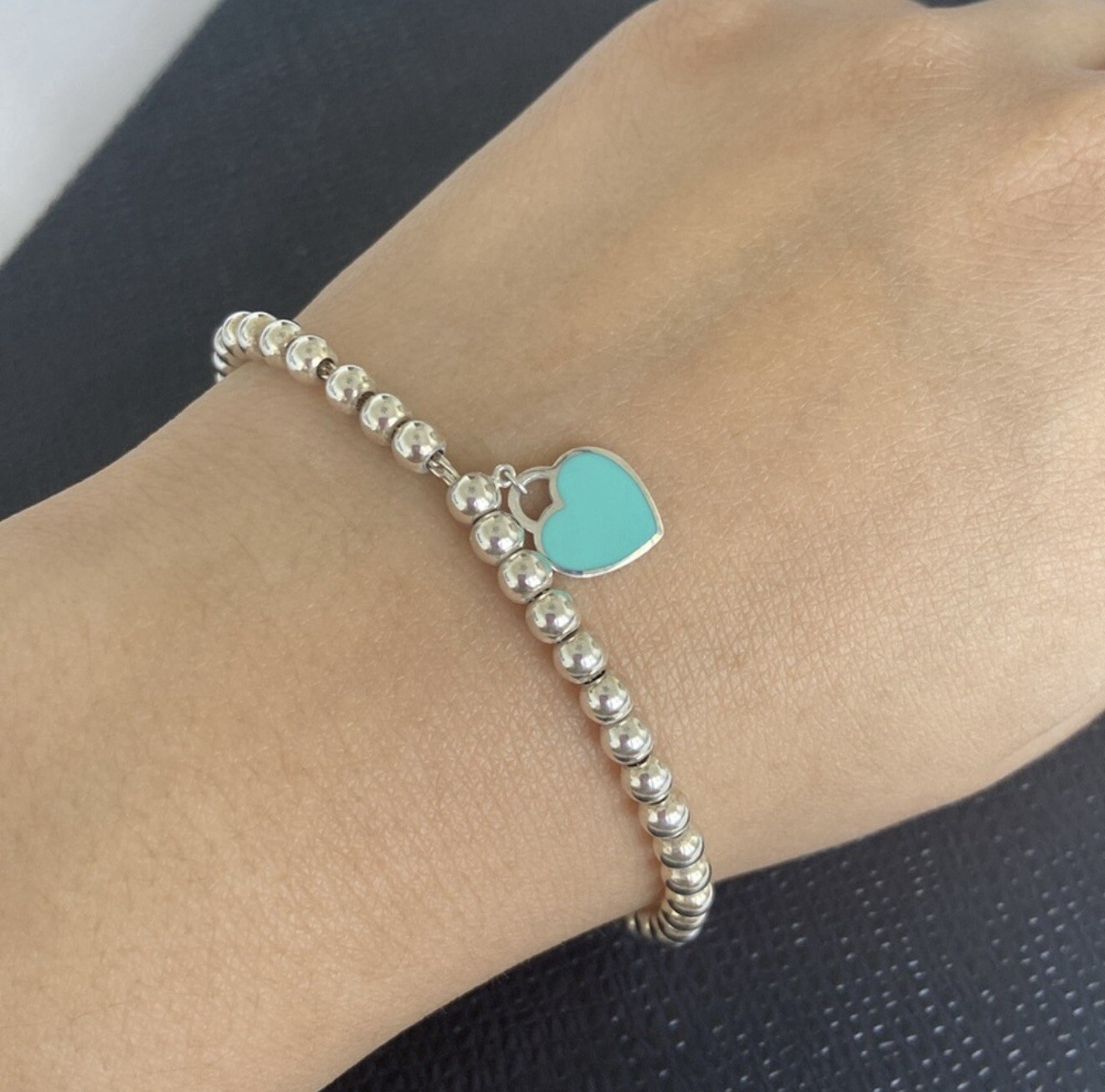 Tiffany & Co. Blue Heart Tag Bead Bracelet ( 7.5 Inches )