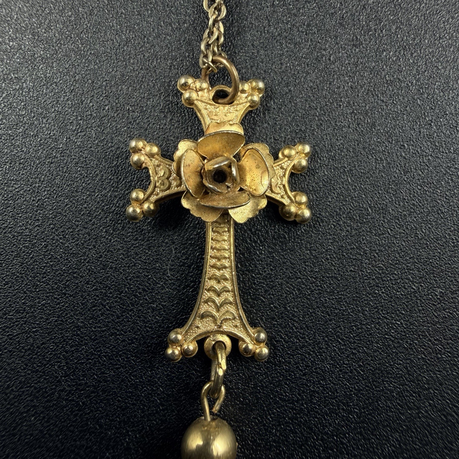 Vintage Tassel Cross Rose Ornate Necklace Pendant Gold Tone 16”