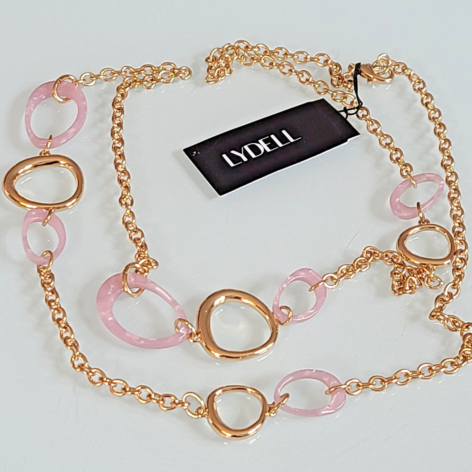 Lydell NYC 36″ Long Necklace Gold Tone Pink Marble Lucite Organic Links NOS