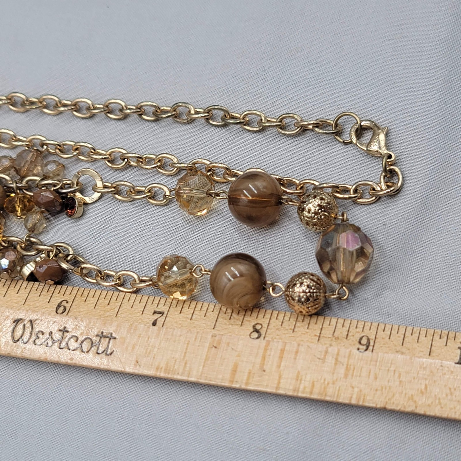 Gold Tone Beaded Station Necklace 36 in Brown Glass Filigree Beads Chain Womens
