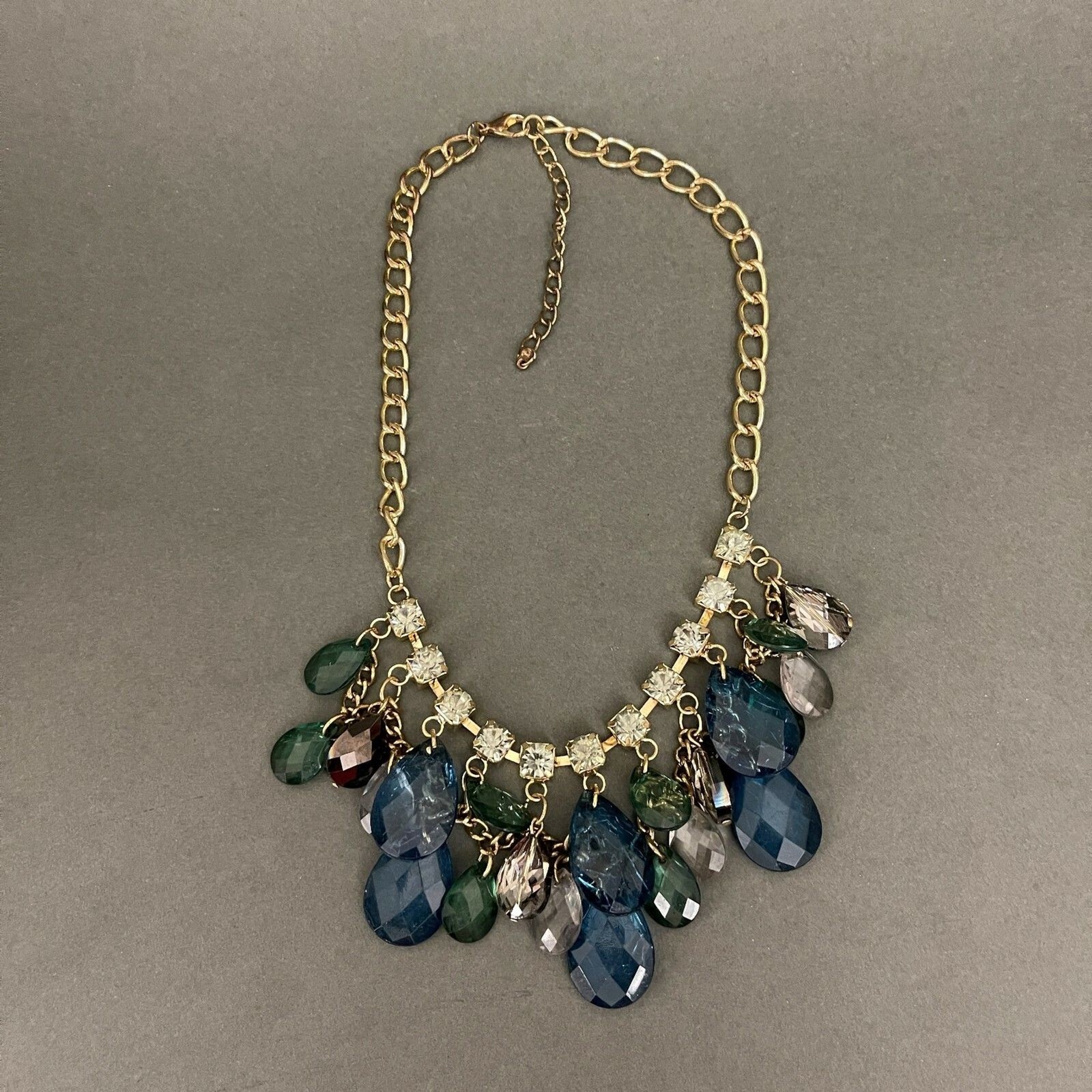 Blue Green Gold-tone Chain Statement Fashion Jewelry Necklace NWOT